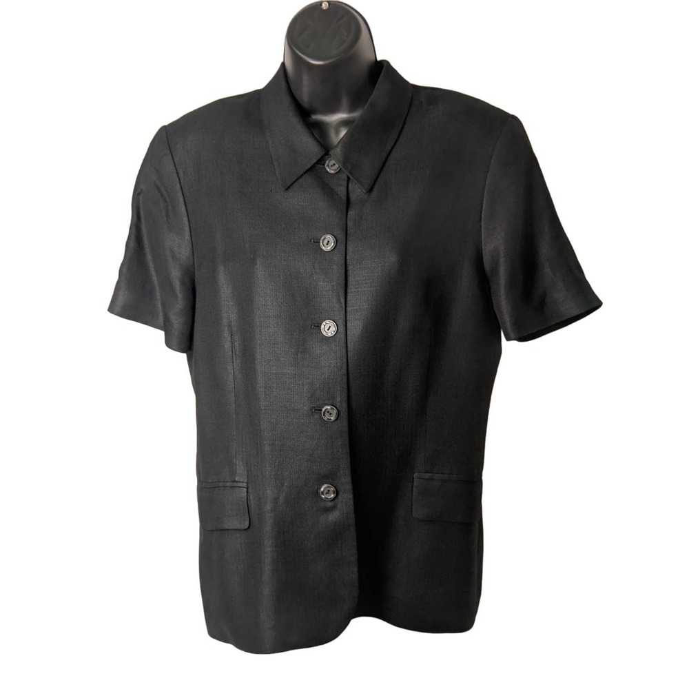 Womens AMANDA SMITH Blazer Linen Top Black Short Sleeve Lined Button Size 12